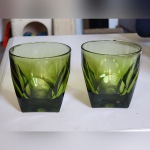 Pair Hazel Atlas Colony Avocado Green Rock Glasses, 1 sm. Chip